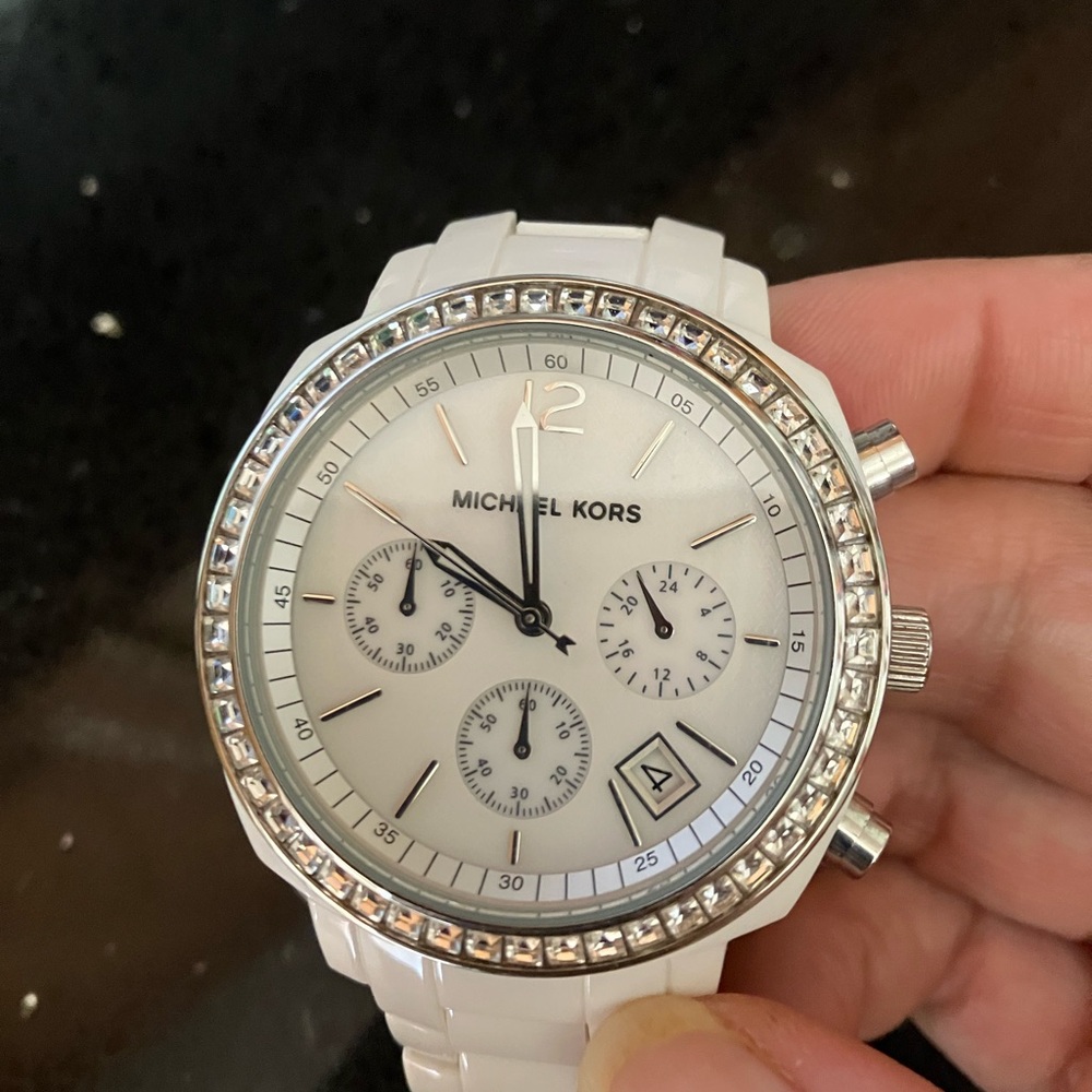 Michael Kors MK-5079 runway chronograph watch- white with crystal bezel